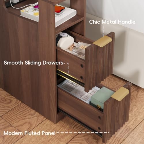 JUSTOGO Narrow Nightstand with Charging Station, Fluted End Table, 1 Pack
