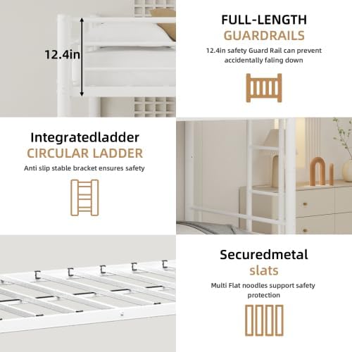 SDHYL Twin Over Twin Bunk Bed with Trundle, Heavy Duty Metal Bunk Beds Frame with Safety Guardrail & Ladder, Noise Reduced, No Box Spring Needed, Space-Saving, White