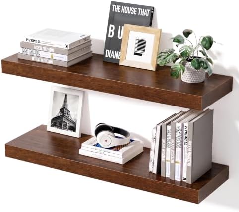 Wooden Floating Shelves for Wall, Walnut Wood, 24 Inch, Set of 2