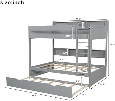 Wood Bunk Bed Full Over Full Size with Built-in Storage Shelves, Versatile Bunk Bed Frame with Ladder and Trundle Bed for Kids Teens Adults, Maximize Space (Gray-2.10)