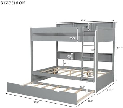 Wood Bunk Bed Full Over Full Size with Built-in Storage Shelves, Versatile Bunk Bed Frame with Ladder and Trundle Bed for Kids Teens Adults, Maximize Space (Gray-2.10)