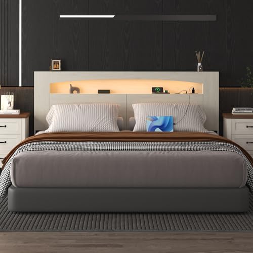 King Size Wooden Headboard Only with Storage(Off-White, King)