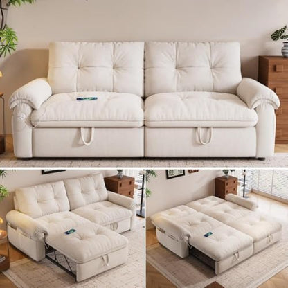 77.2" Sleeper Sofa Bed Full, Pre-Assembled Flannel Pull Out Sofa, Beige