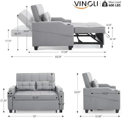 VINGLI Convertible Loveseat Sleeper Sofa Bed, Pullout Couch for Living Room