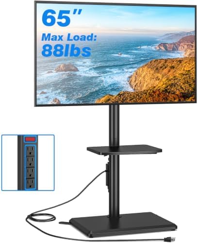 Rfiver Swivel Floor TV Stand with Power Outlet for 32-65 inch TVs, Height Adjustable Tall TV Stand with Wood Base, Saving Space Design for Bedroom, Living Room and Corner