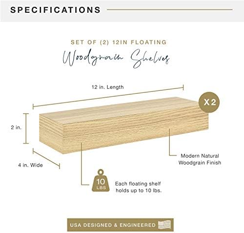 MCS Natural Woodgrain Floating Shelves, 12 Inch x 4 Inch, Set of 2, 12 x 4