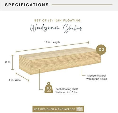 MCS Natural Woodgrain Floating Shelves, 12 Inch x 4 Inch, Set of 2, 12 x 4