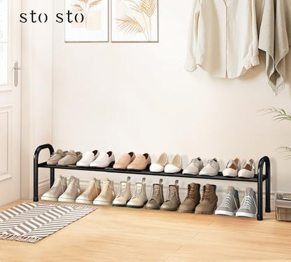 Long Expandable Shoe Rack 1-Tier, Adjustable Length 33.7”–47.5” Shoe Organizer, Metal Shoes Storage Shelf, Holds Up to 12 Pairs, Non-Slip Feet, for Closet, Entryway, Hallway, Front Door, Black