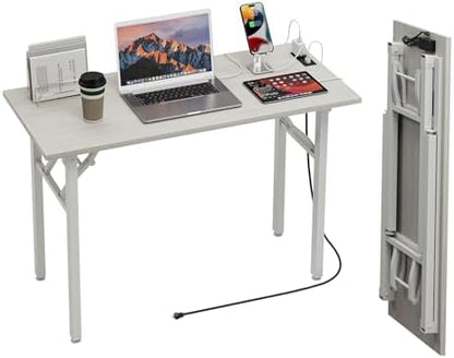 TEMI Small Computer Desk Folding Table - No Assembly, Compact 43.3" Foldable Desk with Power Outlets & USB Charging Port, Portable Small Office Desk, Ideal Mini Study Table for Narrow Spaces,White Ash