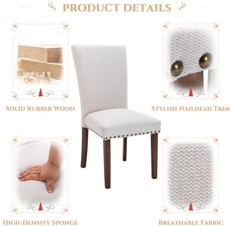 Set of 4 Beige Upholstered Dining Chairs, Farmhouse Kitchen Chairs with High Back Support, Solid Rubberwood Legs, Comfortable Padded Seat, Bronze Nailhead Trim, Dining Room Chairs for Family Meals
