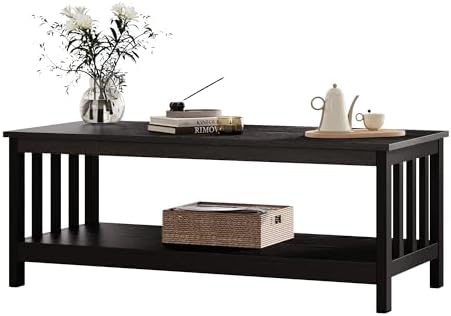 ChooChoo Mission Coffee Table, Black Wood Living Room Table with Shelf, 47 inch