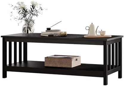 ChooChoo Mission Coffee Table, Black Wood Living Room Table with Shelf, 47 inch