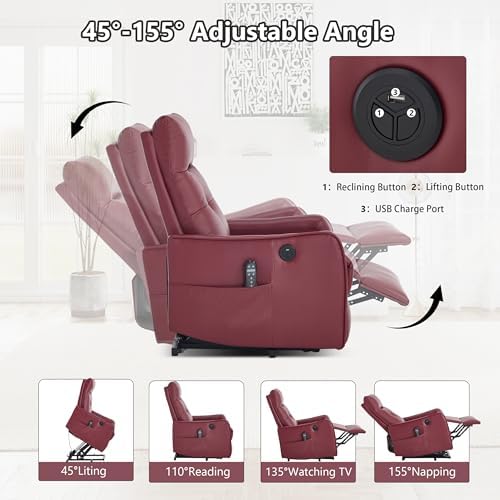 Power Lift Recliner Chair with Vibration Massage and Heat for Petite Elderly, Small Lift Chair with Side Pocket Remote Control, Infinite Position, Faux Leather Red