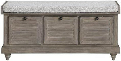 OSP Home Furnishings Dover Coastal Lift-Top Storage Bench with Shutter Face Styling, Goldstone Finish with Salt and Pepper Cushion