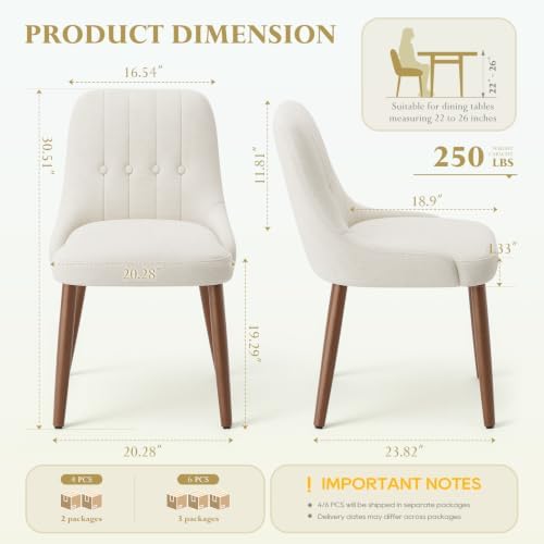 Wooden Dining Chairs Set of 6, Upholstered Fabric Kitchen Chairs with Tufted Button Backrest, Modern Dining Room Chairs with Solid Wood Legs for Kitchen, Beige