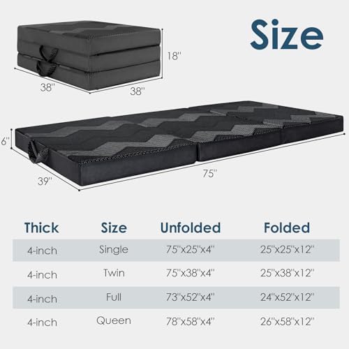 INGEROOM Foldable Mattress Single - Memory Foam 4 inch Trifold Mattress for Camping, with Portable Handle, Non-Slip Folding Floor Bed Sofa for Guest Travel Yoga, Washable Breathable Cover