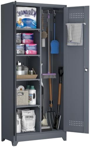 Metal Tool Storage Cabinet, Broom Closet with Hooks, 72.8" Tall Garage Cabinet with Shelves, Heavy-Duty Cleaning Storage for Utility Room, Gym, Office, Garage