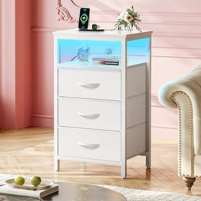 Huuger Night Stand with Charger Station and LED Lights, 3 Drawer Nightstand