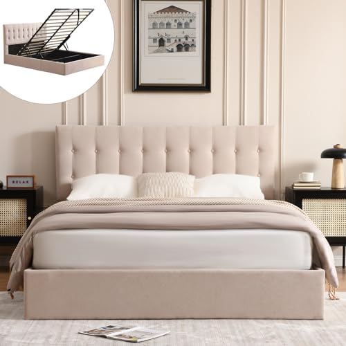 VELOCAVA Queen Size Lift-Up Storage Bed, Modern Upholstered Platform Frame, Ample Under-Bed Storage, Button-Tufted Headboard, Sturdy Wooden Slats, No Box Spring Needed, Linen-Textured Light Khaki