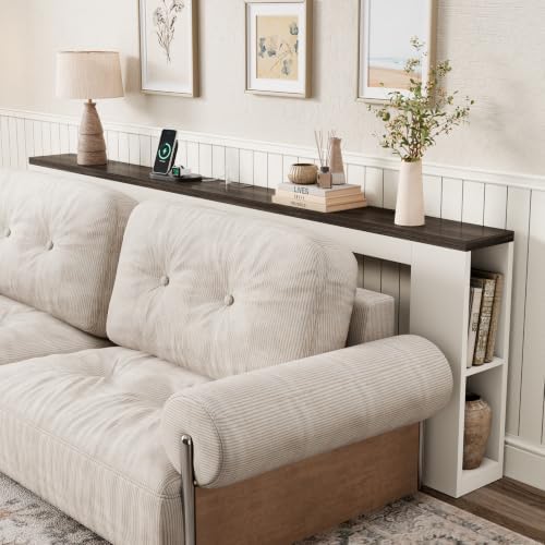 Epecoya 94.5" Behind Sofa Couch Table with Outlet & Side Shelves, White