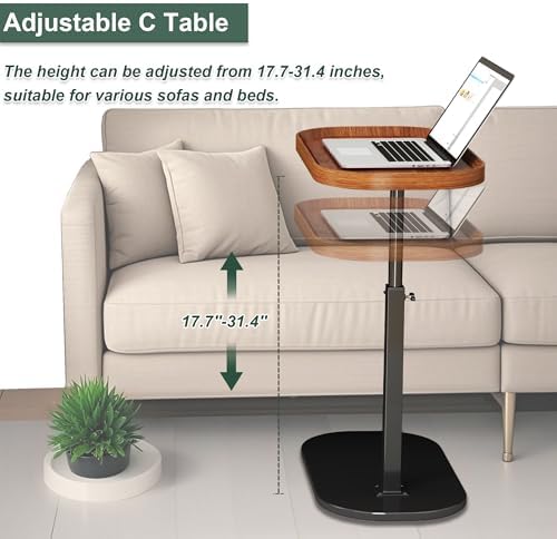 Adjustable Height C Shaped Side Table, Couch Tables that Slide Under, C Side Table Raised Edge, 360°Swivel C Shaped End Table, Small Coffee C Table, End Table for Sofa/Bed/Bathtub (Marble White)