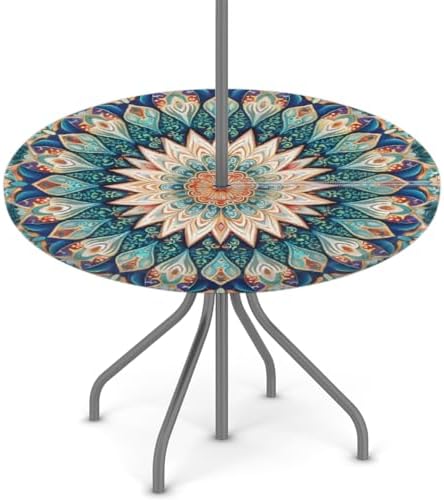 Mandala Outdoor Round Fitted Tablecloth with Umbrella Hole Zipper 45-56