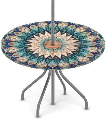 Mandala Outdoor Round Fitted Tablecloth with Umbrella Hole Zipper 45-56