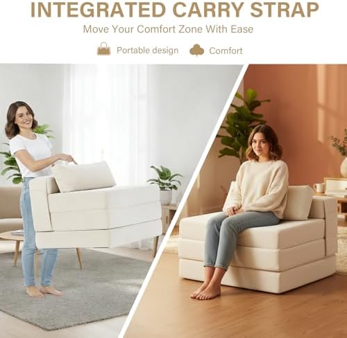 Tiita Folding Sofa Bed Chair, 4-Fold Convertible Sleeper Chair with Lumbar Pillow, Washable Cover & Side Pocket, Floor Couch Bed with Raised Seat, Single Size for Small Spaces, Beige