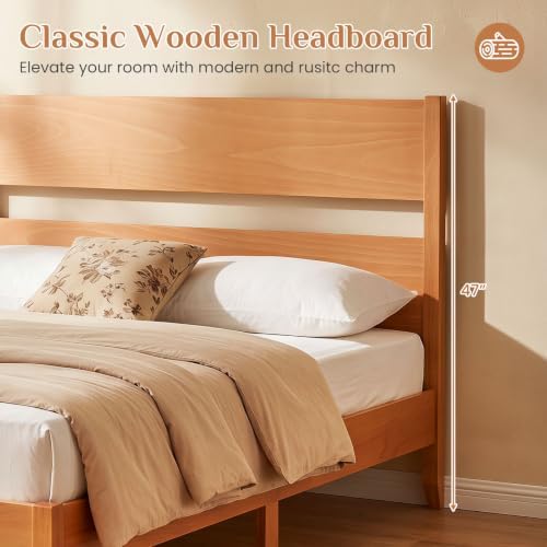 GIANTEX Full Size Wooden Bed Frame with Slatted Headboard (Warm Brown)