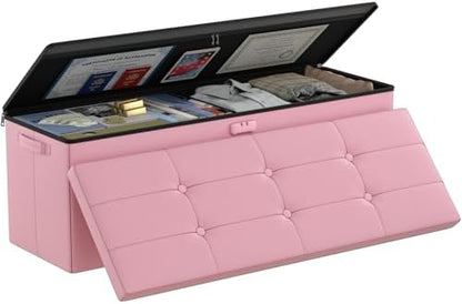 DocSafe Storage Ottoman Bench, Fireproof＆Waterproof Folding Bench with Lock(15”x 43”x15”), Leather Storage Chest with Handles＆2 Extra Boxes, Ottoman Safe for Bedroom,Living Room,Home Office, Pink