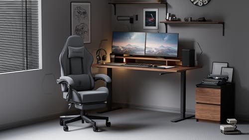 Dowinx Gaming Chair Fabric with Pocket Spring Cushion, Massage Game Chair Cloth with Headrest, Ergonomic Computer Chair with Footrest 290LBS, Black and Grey