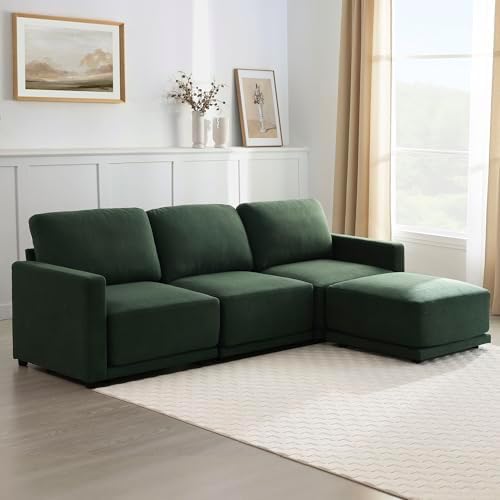 112" L-Shaped Modular Couch, 3 Seater Sofa with Ottoman, Dark Green
