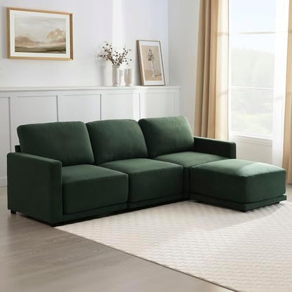 112" L-Shaped Modular Couch, 3 Seater Sofa with Ottoman, Dark Green