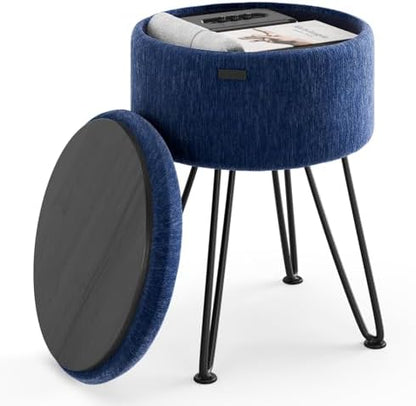 Round Ottoman with Storage, Textured Velvet Storage Ottoman, Foot Stool Ottomans, Makeup Vanity Stool, Small Ottomans Foot Rest, Modern Vanity Stools for Living Room and Bedroom, Blue