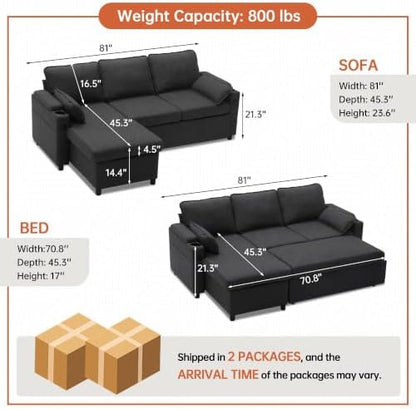 DURASPACE 81" Sectional Sofa with Pull Out Bed, L Shaped Sleeper Sofa Couch for Living Room,Convertible Pull Out Sofa Bed with Storage Chaise, USB Port, Cup Holder (Dark Gray)