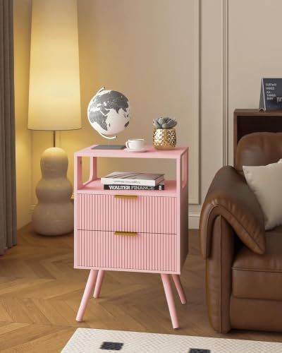 Leomonio Pink Nightstand,Modern Bedside Table with 2 Storage Drawer and Open Wood Shelf, for Bedroom and Small Spaces,Night Stand with Solid Wood Legs