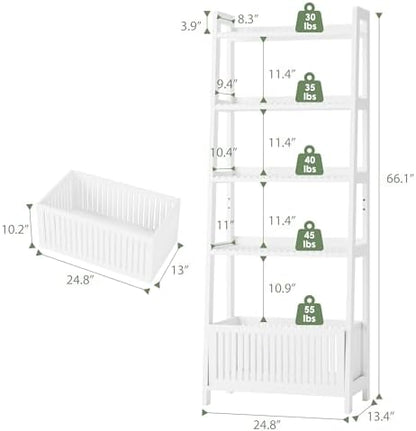 Bamboo White Bookshelf with Slatted Basket, Ladder Bookcase with 4 Display Shelves and 1 Open Storage Basket, Multifunctional Storage Rack Organizer for Home Office, Bedroom, Living Room, 66” H