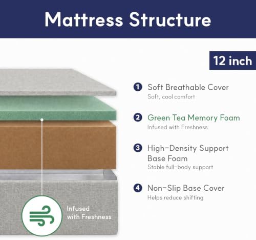 LIFEMENT 12 Inch Queen Size Memory Foam Mattress, Cooling Green Tea Gel