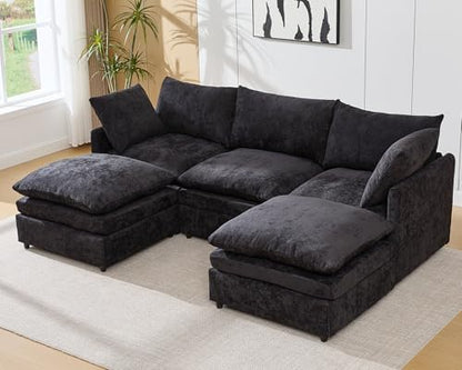 97" Cloud Couch Sectional Sofas for Living Room, U Shape Modular Cloud Sofa with Movable Ottoman, Chenille Comfy Couches 5 Deep Seats for Apartment, Office, Bedroom, Black