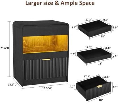 Yusong Modern Fluted Nightstand with Charging Station & Dimmable LED Light, Curved Edge Bedside Table with Pull‑Out Storage Drawers, Wooden End Side Cabinet for Bedroom(Black)