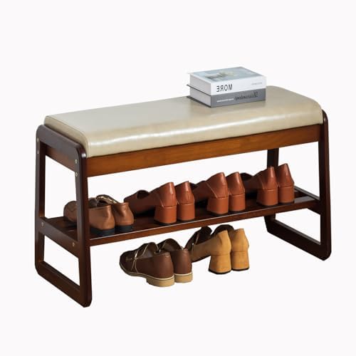 latifolia Solid Wood Bench, Entryway Shoe Bench with Cushion, 2 Tier Shoe Storage Organizer for Hallway, Living Room(Grey,31.50''L)