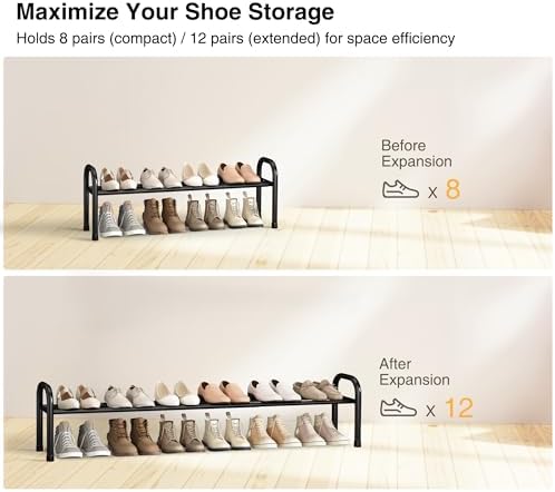 Long Expandable Shoe Rack 1-Tier, Adjustable Length 33.7”–47.5” Shoe Organizer, Metal Shoes Storage Shelf, Holds Up to 12 Pairs, Non-Slip Feet, for Closet, Entryway, Hallway, Front Door, Black