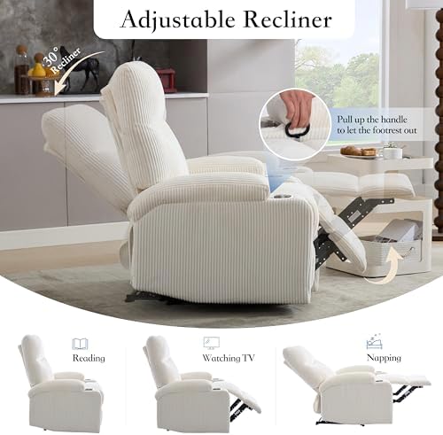 Manual Recliner Chair with Pull Ring, 3 Position 140° Reclining Sofa for Living Room, Nursery, RV, and Office,Oversized Recliner Chairs for Adults(White Corduroy Fabric)