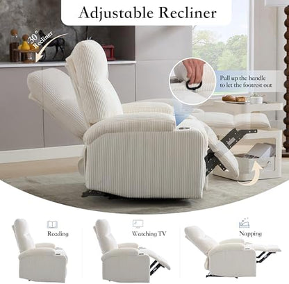 Manual Recliner Chair with Pull Ring, 3 Position 140° Reclining Sofa for Living Room, Nursery, RV, and Office,Oversized Recliner Chairs for Adults(White Corduroy Fabric)