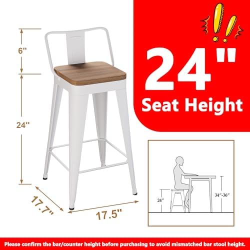 WENTMENT Metal Bar Stools Set of 4 Counter Height Bar Stools Barstools with Removable Back 24" Kitchen Bar Stools with Wooden Seat,Off White