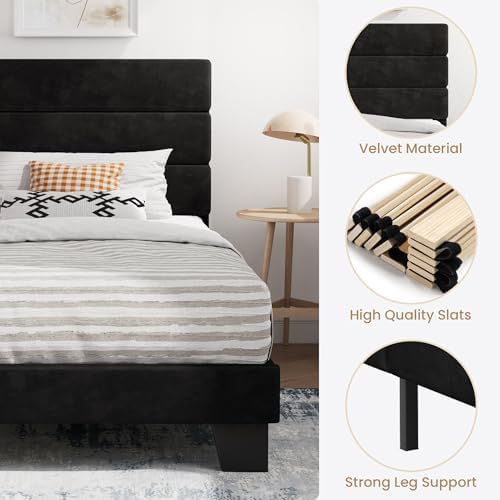 SHA CERLIN Twin Platform Bed Frame with Upholstered Velvet Headboard, Black