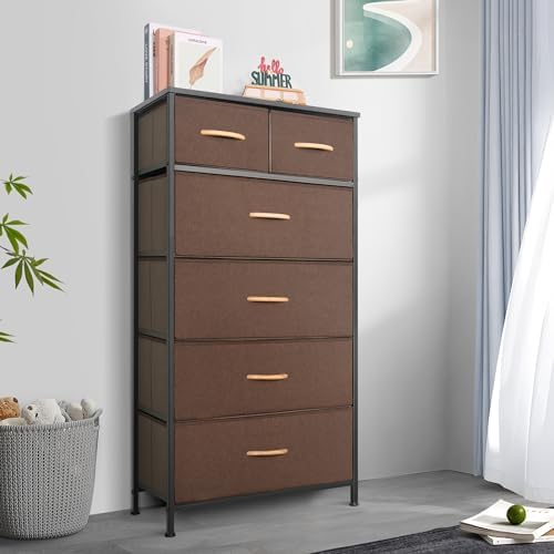 Mifuro Tall Dresser for Bedroom, Vertical Storage Organizer Tower with 6 Drawers, Chest of Drawers with Fabric Bins, Steel Frame, Wood Top for Bedroom, Closet, Entryway- Brown