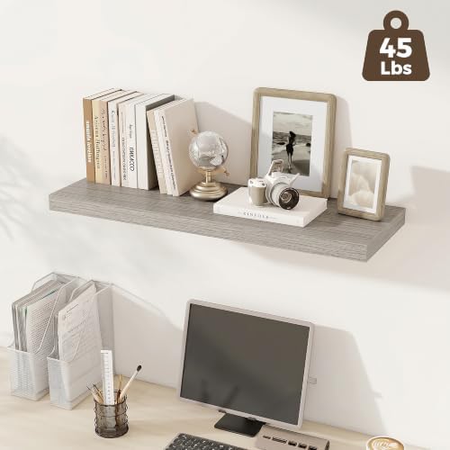 Deep Floating Shelves, 36" W x 12" D Wood Floating Shelves for Wall, 3 Pack Extra Deeper & Thicker Wall Mounted Storage Shelf for Living Room Laundry Room Kitchen Home Office, Grey