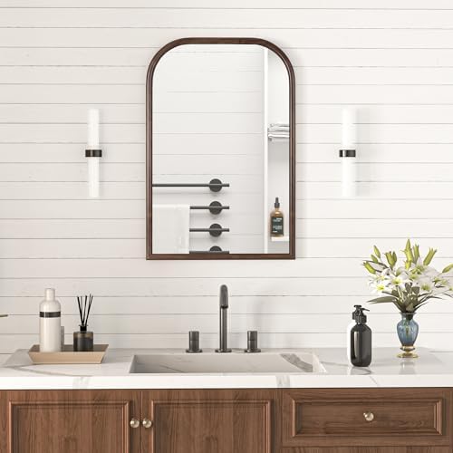 20"x30" Arch Wall Mirror Bathroom Mirror for Wall Mounted, Tempered Glass, Wood Grain Finish Frame Wall Mirror Decorative for Bedroom Living Room Entryway, Rustic Brown