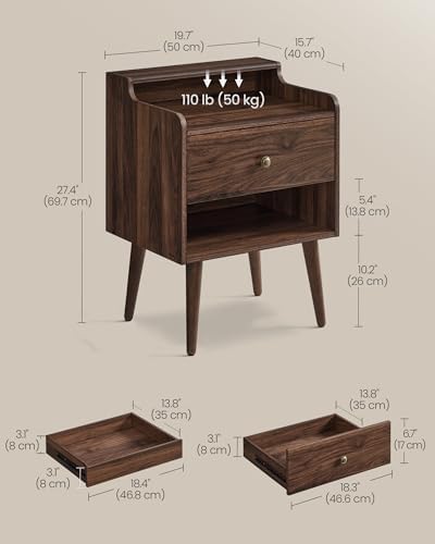 VASAGLE Nightstands, Set of 2, with Hidden Drawers, Solid Wood Legs